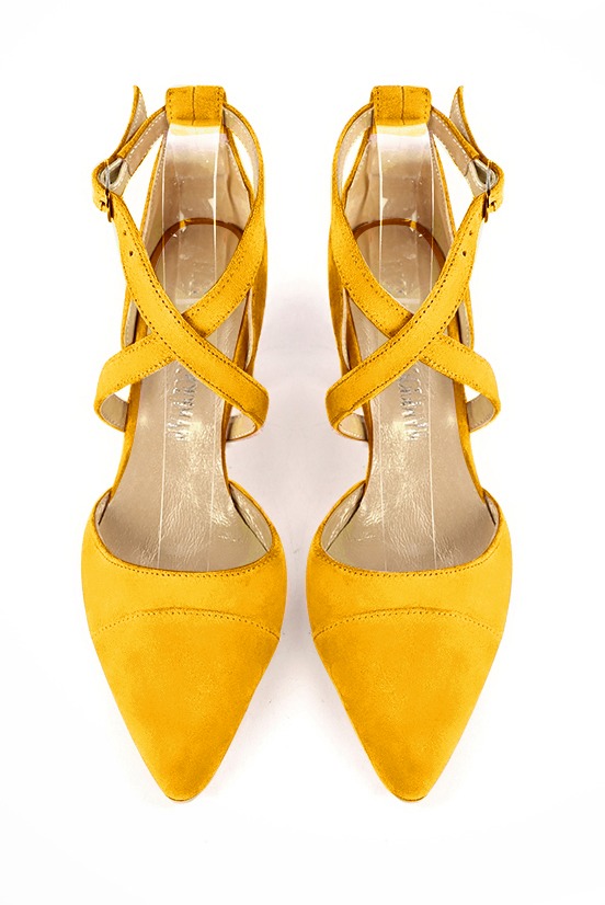 Yellow women's open side shoes, with crossed straps. Tapered toe. High slim heel. Top view - Florence KOOIJMAN